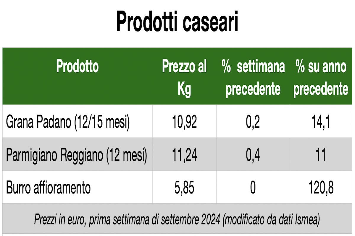 Prezzo formaggi e burro in euro la prima settimana di settembre 2024